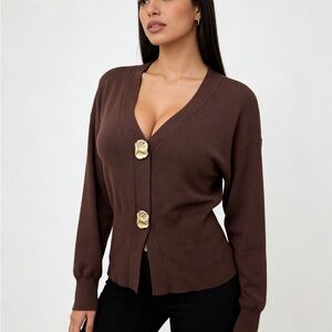 Elegant Brown Women's Blazer with Gold Buttons
